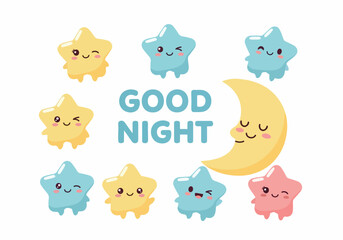 Fototapeta premium A group of smiling cartoon stars and a moon at night display a good night message
