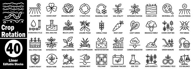 Obraz premium Crop rotation editable stocks. Collection of agriculture farming land management concepts, sustainable practices for plant growth, and soil health vector illustration.