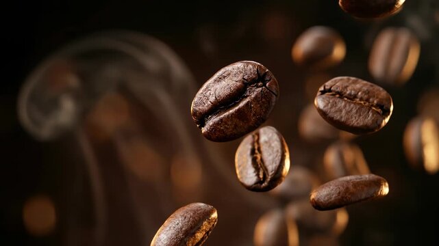 Slow motion footage of roasted coffee beans falling and floating in mid air with rising steam, cinematic food photography showing aromatic dark espresso seeds on black background.