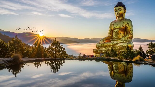 4k golden buddha statue reflection at sunrise