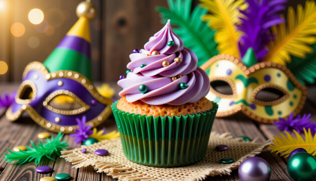 Colorful cupcake with purple frosting and Mardi Gras decorations  