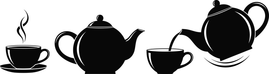 Obraz premium Teapot and tea cup silhouettes with pouring action. Minimal black icon set. Perfect for cafe branding, menu design and beverage graphics.