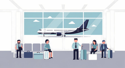 Obraz premium People waiting at an airport terminal with luggage and an airplane outside the window Flat Illustration