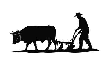 Farmer plowing a field with an ox depicted in a striking silhouette © Digonto