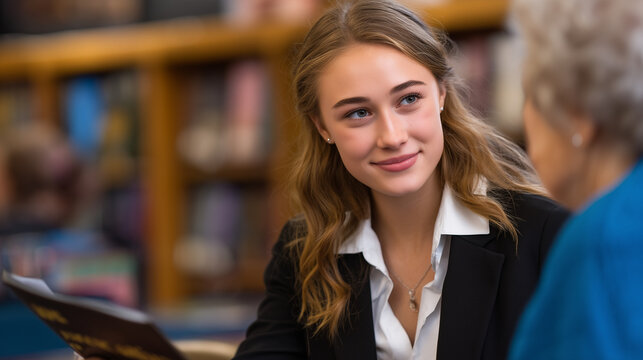 Young professional woman listens intently as elderly mentor shares career wisdom in quiet library setting, bridging generational knowledge gap through intentional guidance relationship, ideal for me
