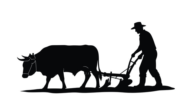 Farmer plowing a field with an ox depicted in a striking silhouette
