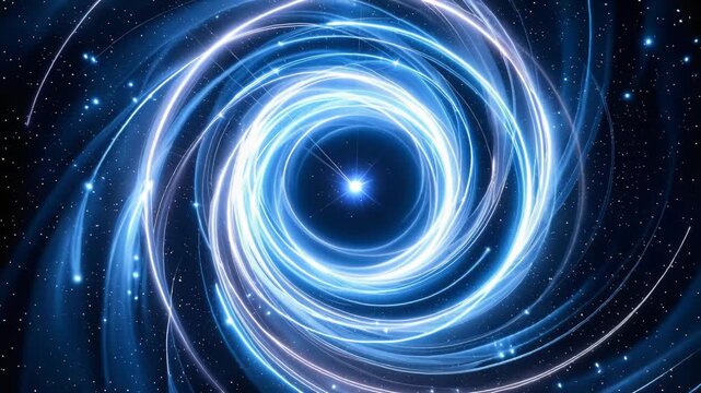 Glowing blue light trails and stars spiraling into a central dark singularity in deep space