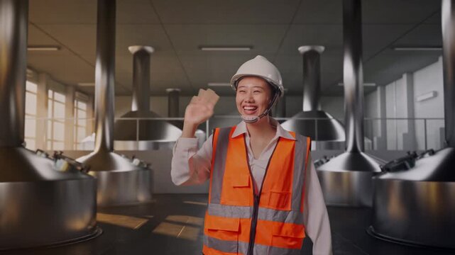 Front View of Asian Female Engineer Waving Hand Saying Bye While Walking at Modern Stainless Steel Brewing Vats in Large Scale Beer Manufacturing Plant