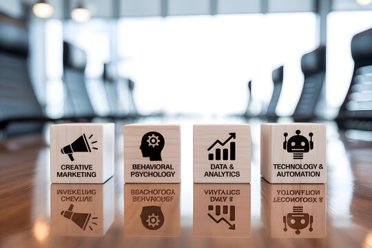 Business strategy concept wooden cubes with creative marketing, behavioral psychology, data analytics and automation icons