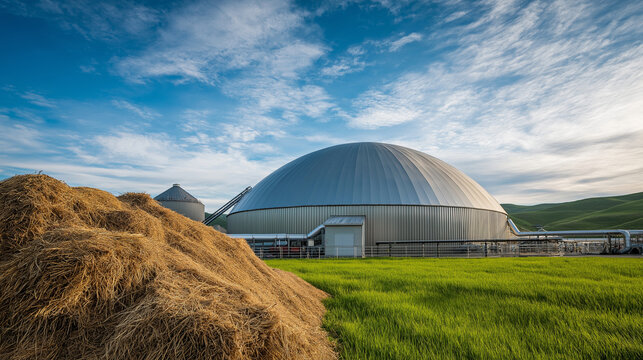 Large anaerobic digester dome for waste-to-energy on a farm.
