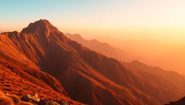 Sunset over rugged mountain peaks in a vast landscape