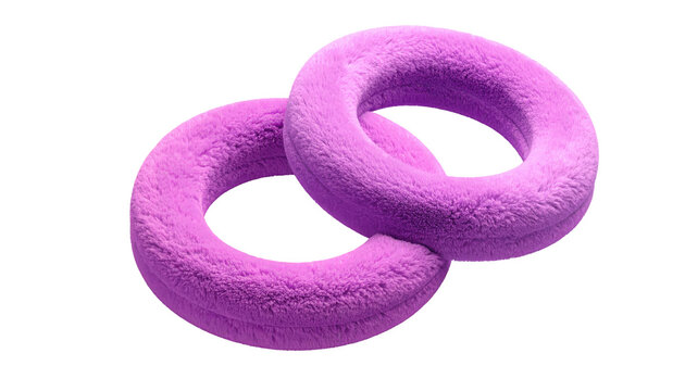 Two fuzzy, lilac torus shapes interlinked against a stark black background, casting subtle shadows