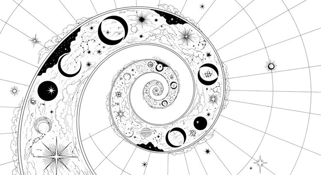 Spiral galaxy illustration with celestial bodies and gridlines