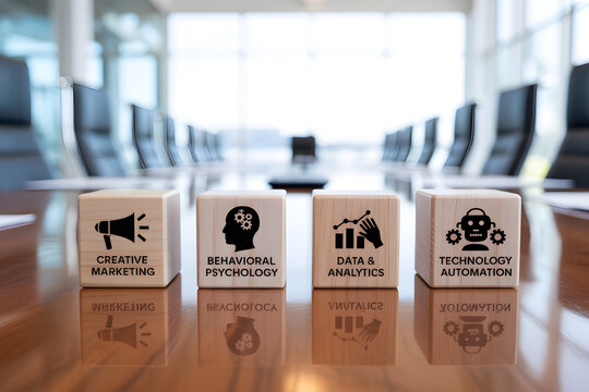 Business strategy concept wooden cubes with creative marketing, behavioral psychology, data analytics and automation icons