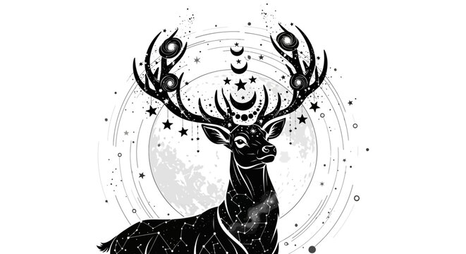 Stunning celestial deer illustration with moon and stars in black and white