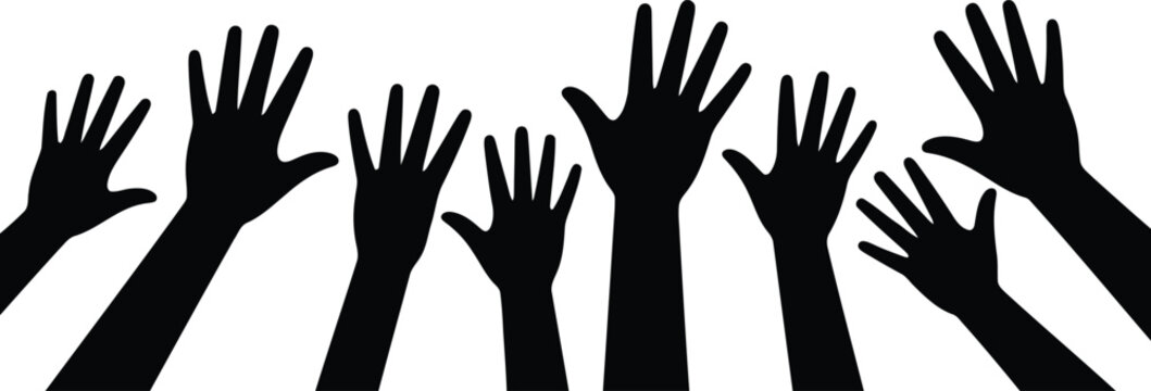 Group of diverse hands raising up in silhouette form on a plain white backdrop showing engagement