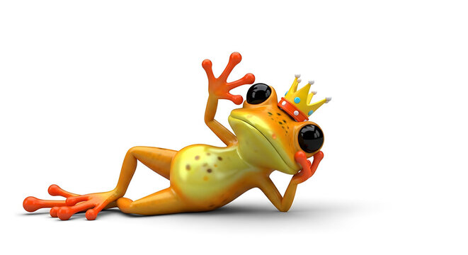 Funny cartoon frog wearing crown lying on ground looking up