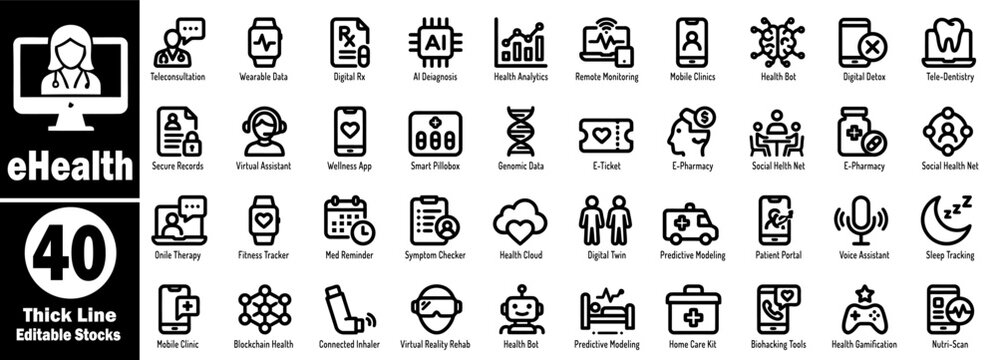 eHealth and medical technology icons set. Featuring teleconsultation, wearable data AI diagnosis, health analytics, and remote patient monitoring vector illustration.