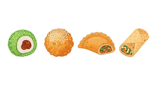 Colorful Vector Illustration of Assorted Asian Street Food Snacks Arranged in a Row.