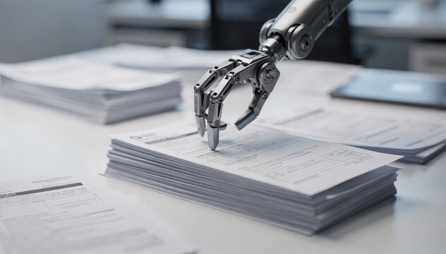 Medium shot featuring robotic process automation managing insurance claim forms the foreground sharp with soft out of focus paperwork around.