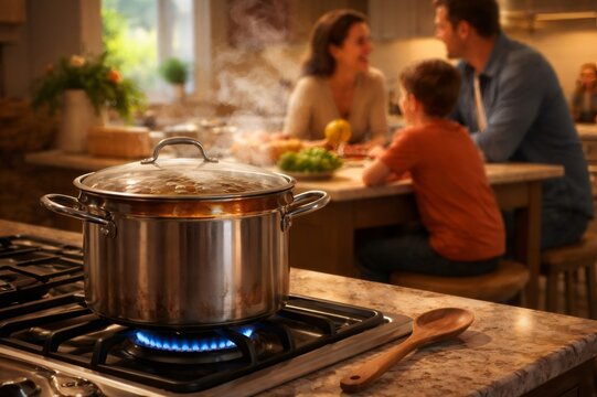 Steam rising from a simmering pot on a gas stove while a family chats at the kitchen island, capturing warm domestic togetherness, aroma of home cooking and bonding moments