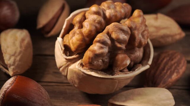 Close up of a single peeled walnut kernel among mixed nuts, slow rotation.