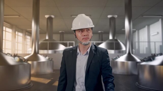 Front View of Asian Businessman Walking at Modern Stainless Steel Brewing Vats in Large Scale Beer Manufacturing Plant