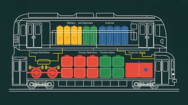 Electric bus power system components and energy distribution diagram showing battery inverter traction motor and energy storage