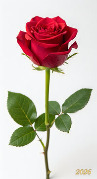 A Single Red Rose With Green Leaves On A White Background