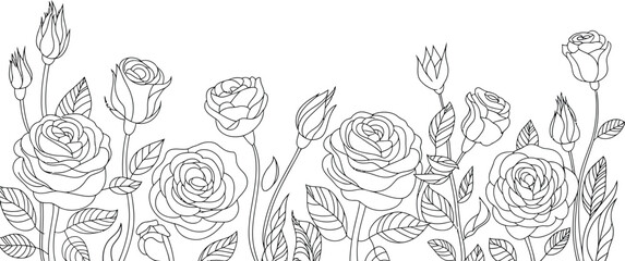 Luxury rose flower line art, seamless border background, decorative vector floral plant, and leaf frame creating a luxury summer bouquet motif for wedding stationery and nature-inspired artwork. © Luis K. Bradley