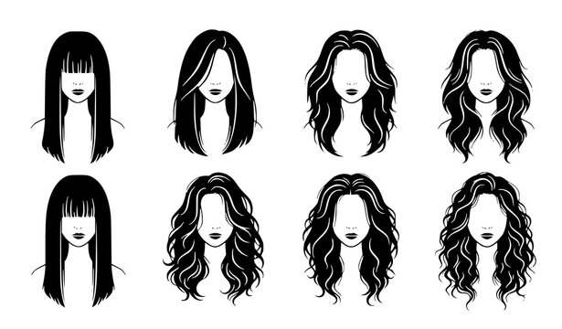 A set of eight black and white vector illustrations of women's hairstyles