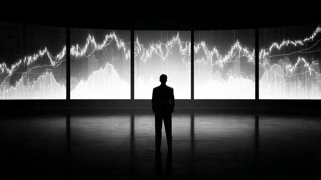 homem de negocios analisando grafico forex em tela grande crescimento financeiro