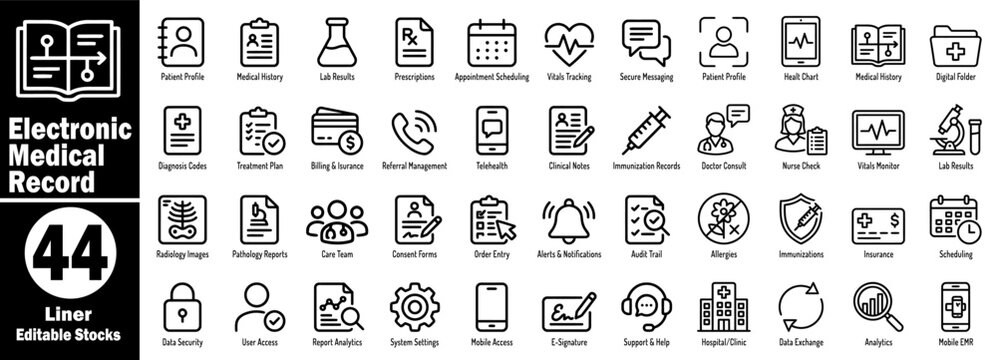 Electronic medical record icon set. Collection of patient data management, healthcare informatics, digital health solutions, clinic administration, medical information technology vector illustration.