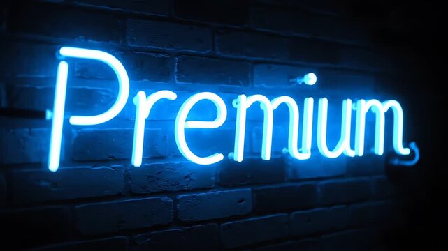 Illuminated blue neon sign displaying the word "Premium" against a dark brick wall. The lettering glows brightly in the dim setting