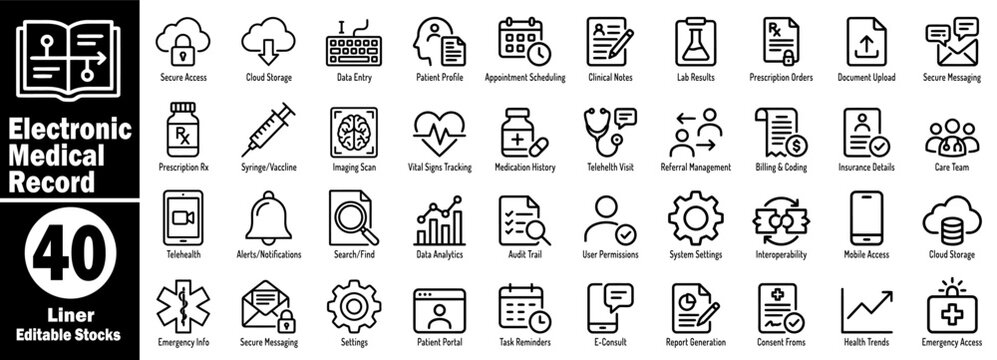 Electronic medical record icon set. Featuring patient data security, cloud storage, data entry, profile, appointment scheduling, clinical notes, lab results, and prescriptions vector illustration.