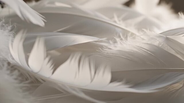 Soft white feathers close-up in gentle light. Natural beauty creates serene atmosphere. Elegance and tranquility defined by delicate textures. Perfect for soft, calming themes.