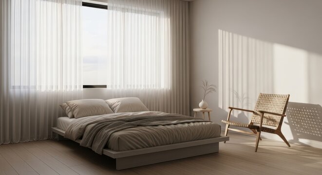 Minimalist bedroom with large windows and modern wooden furniture
