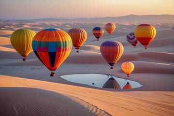 Obraz premium Hot air balloons floating above desert sand dunes at sunrise with warm soft light creating a dreamy travel adventure scene.