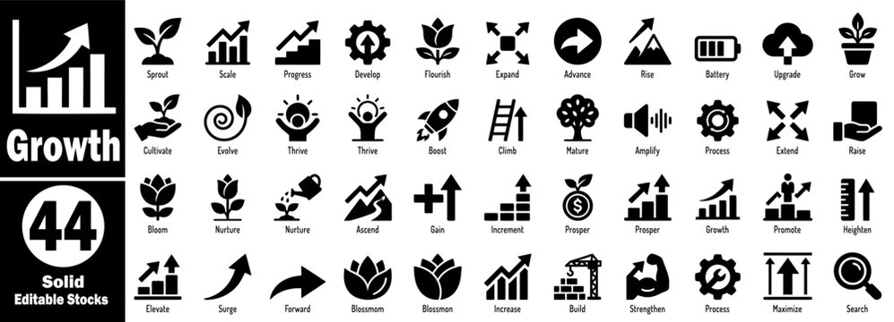 Growth solid icon set. Featuring sprout, scale, progress, develop, flourish, expand, advance, rise, battery, upgrade, grow, cultivate, evolve, thrive, boost, climb vector illustration.