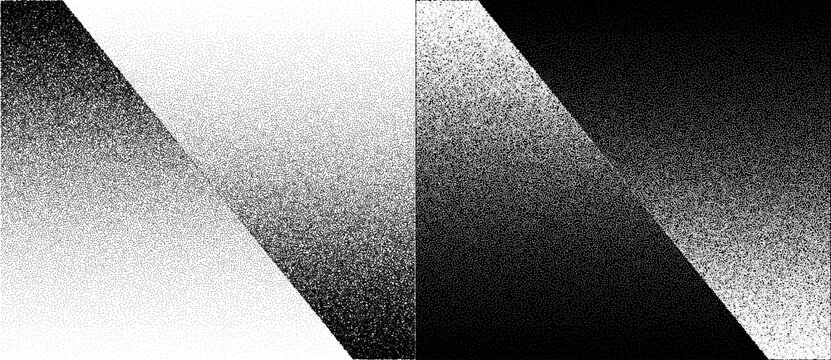 Abstract grainy gradient pattern with diagonal contrast. Minimalist vector illustration of stipple texture noise or retro sand dither effect isolated on black and white backgrounds.