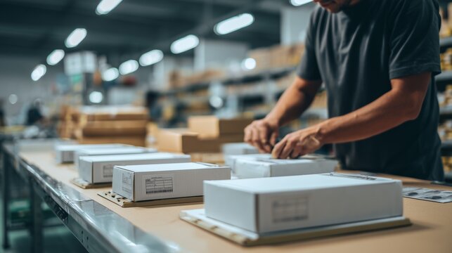 worker applying label sticker on product boxes packaging workshop process
