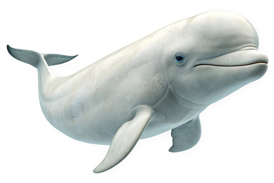 Friendly white beluga whale swimming and smiling isolated on transparent background