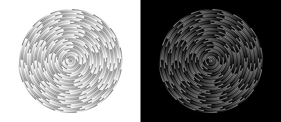 Fototapeta premium Abstract circular pattern with dense concentric dashed lines and spiral center. Minimalist vector illustration of digital vortex or vinyl record texture isolated on black and white backgrounds.