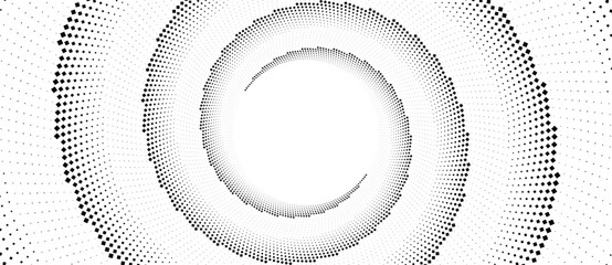 Abstract wide spiral halftone pattern with geometric diamond shapes. Minimalist vector illustration of swirling digital flow or cosmic vortex isolated on white background.
