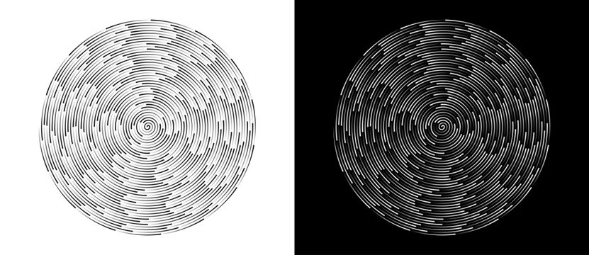 Abstract circular pattern with dense concentric dashed lines and spiral center. Minimalist vector illustration of digital vortex or vinyl record texture isolated on black and white backgrounds.