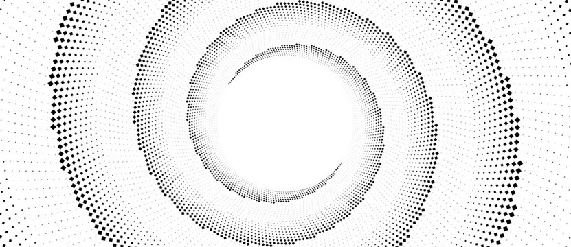 Abstract wide spiral halftone pattern with geometric diamond shapes. Minimalist vector illustration of swirling digital flow or cosmic vortex isolated on white background.