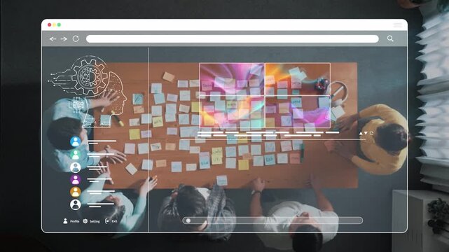 A diverse group engages in collaborative brainstorming with colorful sticky notes in a modern office environment, emphasizing teamwork, innovation, and productivity. Raster