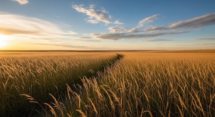 Obraz premium Sunset Over Golden Wheat Field with Clear Sky and Distant Horizon