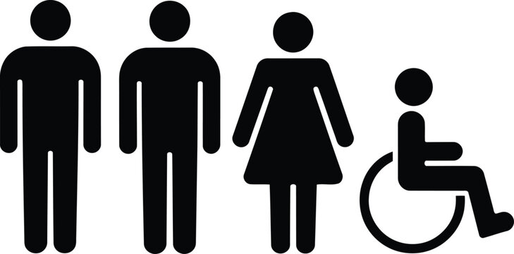 Standard black male, female, and wheelchair user symbols for restroom identification against white