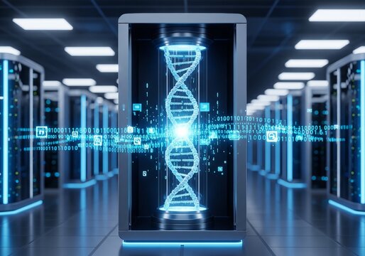 Futuristic DNA helix structure inside a high tech data center server room, concept of genetic engineering and digital biotechnology, glowing double helix with binary code and data visualization in cyb